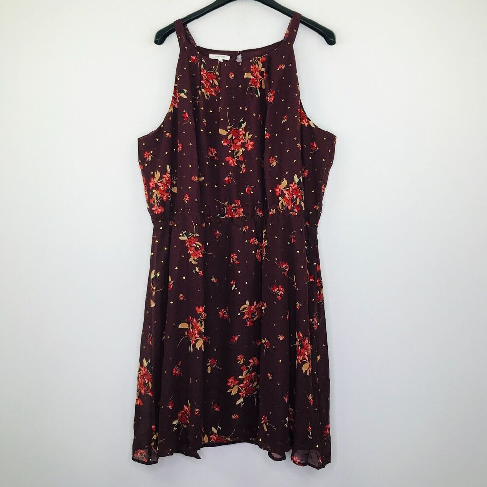 Maurices Women's 2 Dress Red Gold Floral Dotted Chiffon Halter Blouson BK13